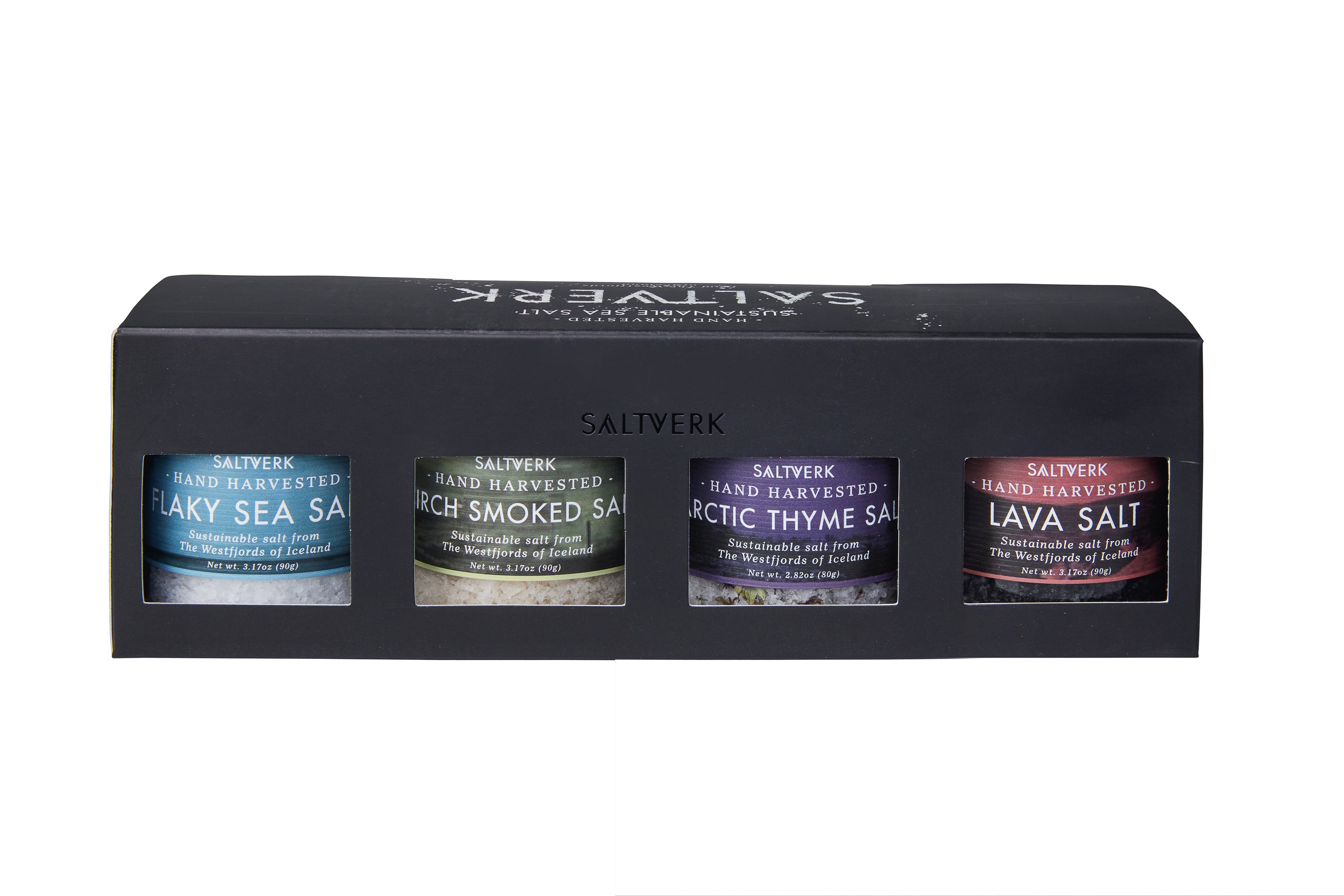 Gift box containing four types of gourmet salts: Pure, Birch, Arctic, and Lava, elegantly packaged for gifting.