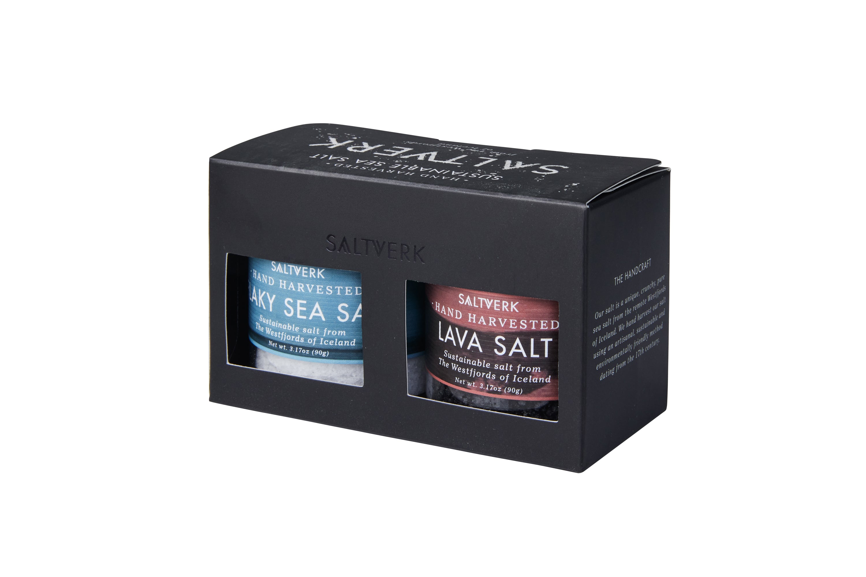 Gift box containing Lava salt and Pure Flaky Sea salt, elegantly packaged for gifting.