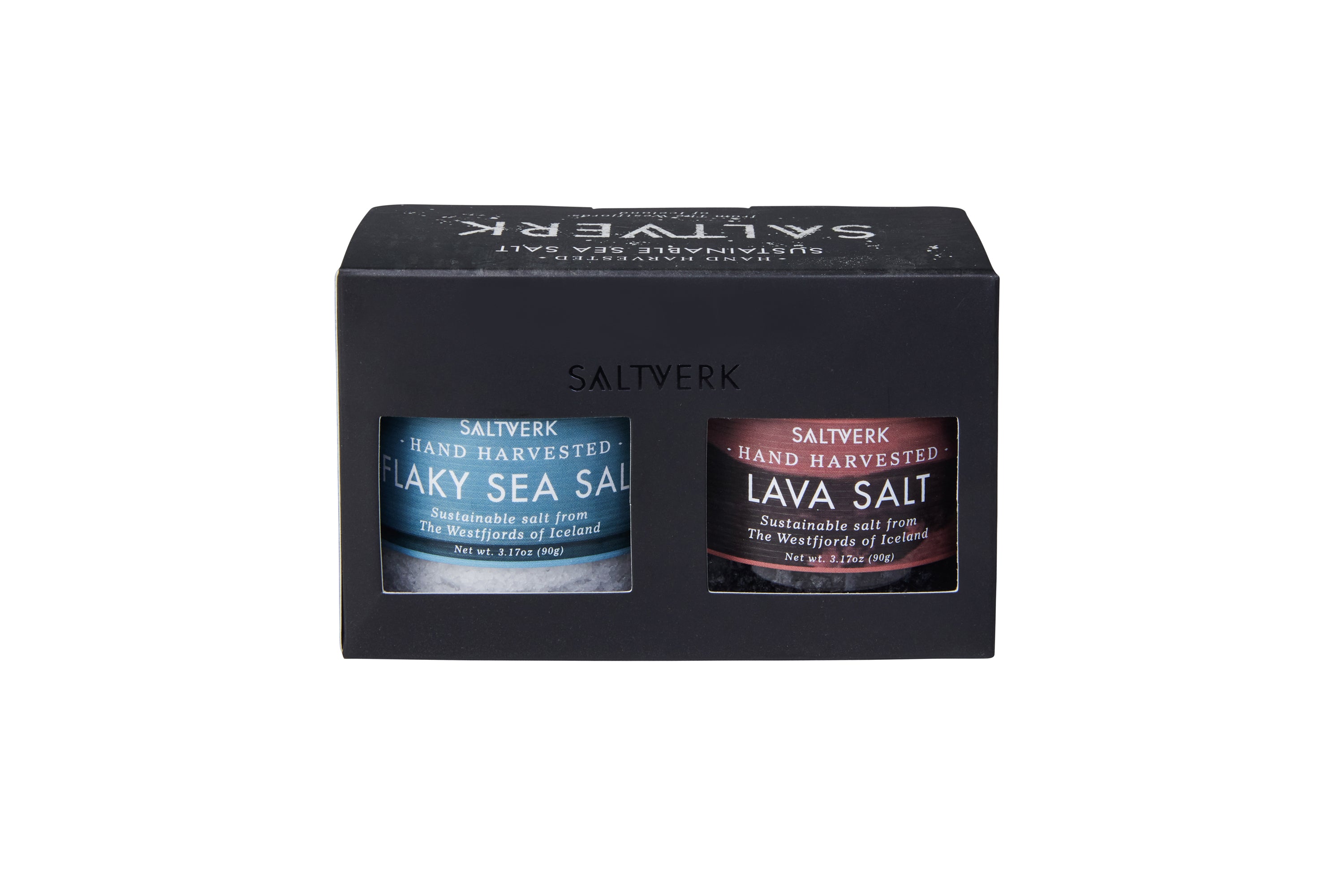 Gift box containing Lava salt and Pure Flaky Sea salt, elegantly packaged for gifting.