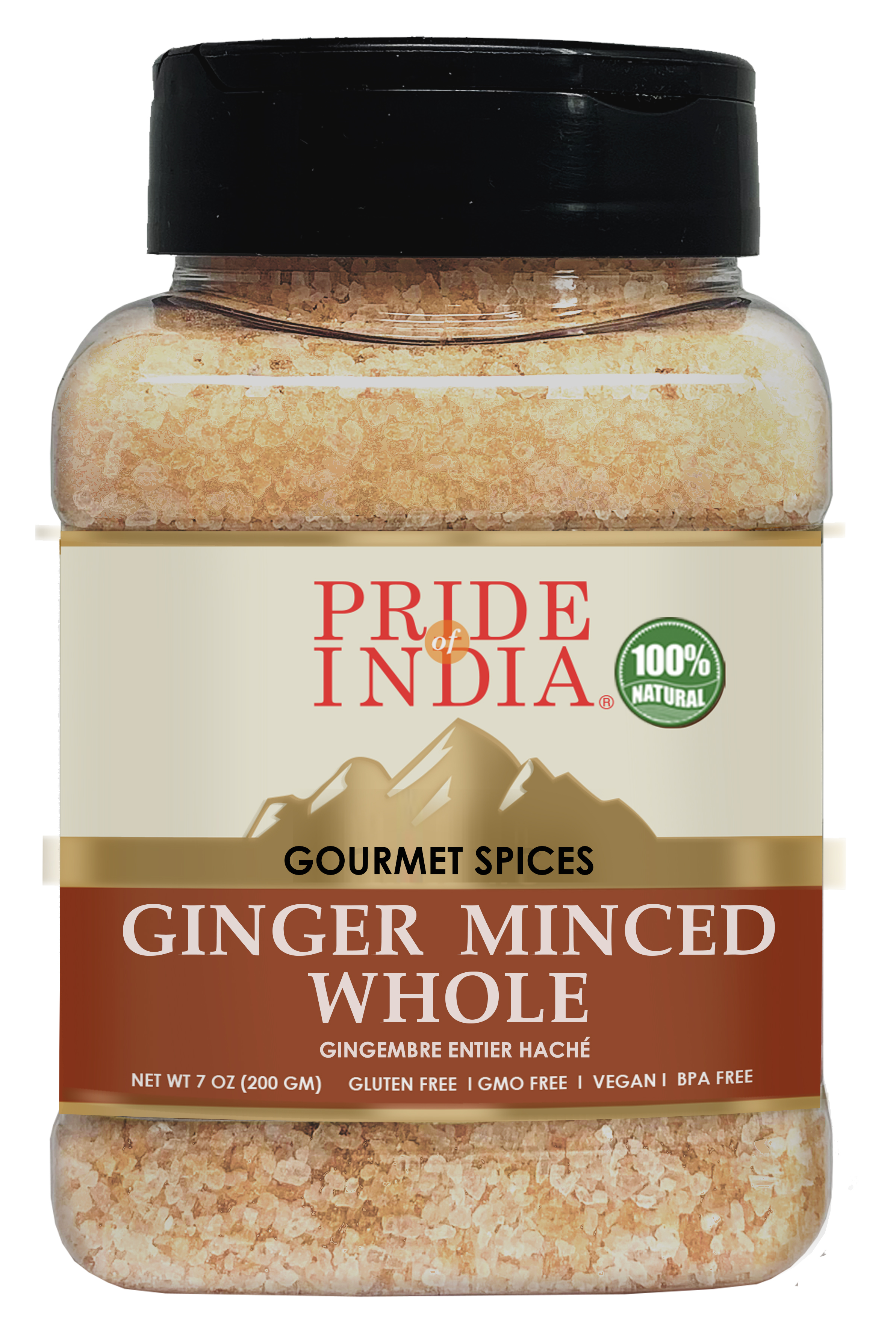 A 7 oz bottle of Pride of India Ginger Minced Whole, showcasing its vibrant color and convenient dual sifter mechanism for easy use in cooking.