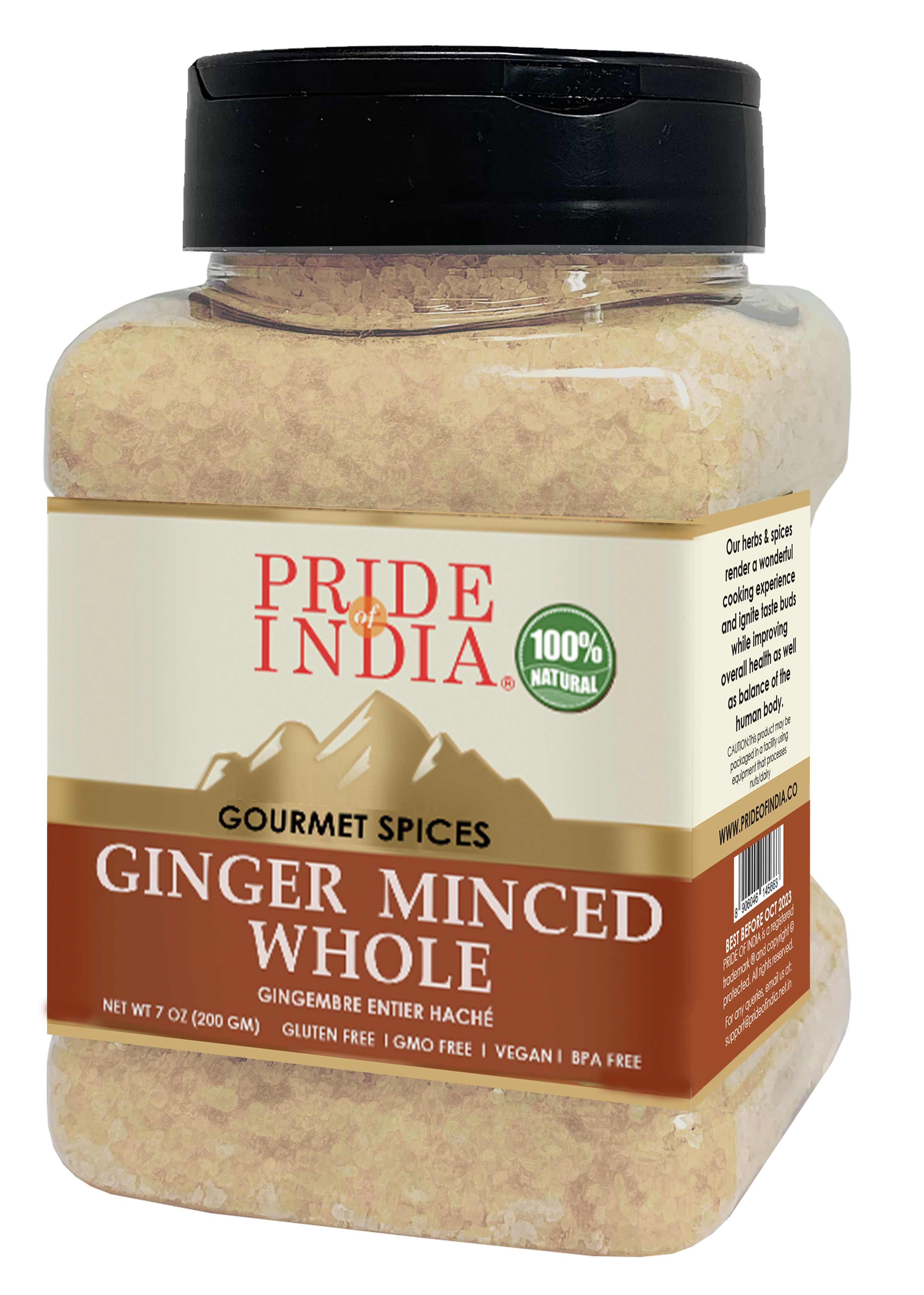 A 7 oz bottle of Pride of India Ginger Minced Whole, showcasing its vibrant color and convenient dual sifter mechanism for easy use in cooking.