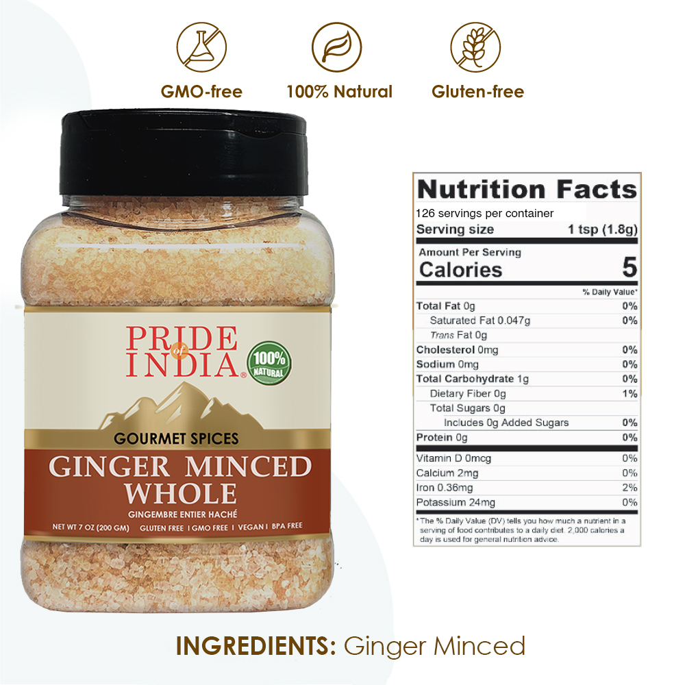 A 7 oz bottle of Pride of India Ginger Minced Whole, showcasing its vibrant color and convenient dual sifter mechanism for easy use in cooking.