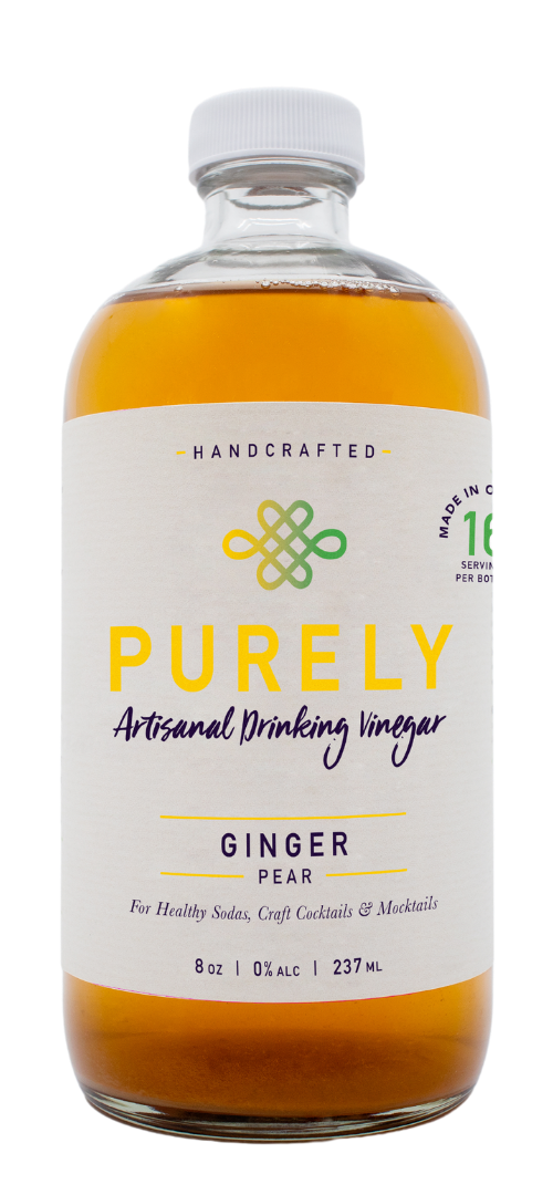 A bottle of Ginger Pear Infusion showcasing its organic ingredients and vibrant label, perfect for health enthusiasts.