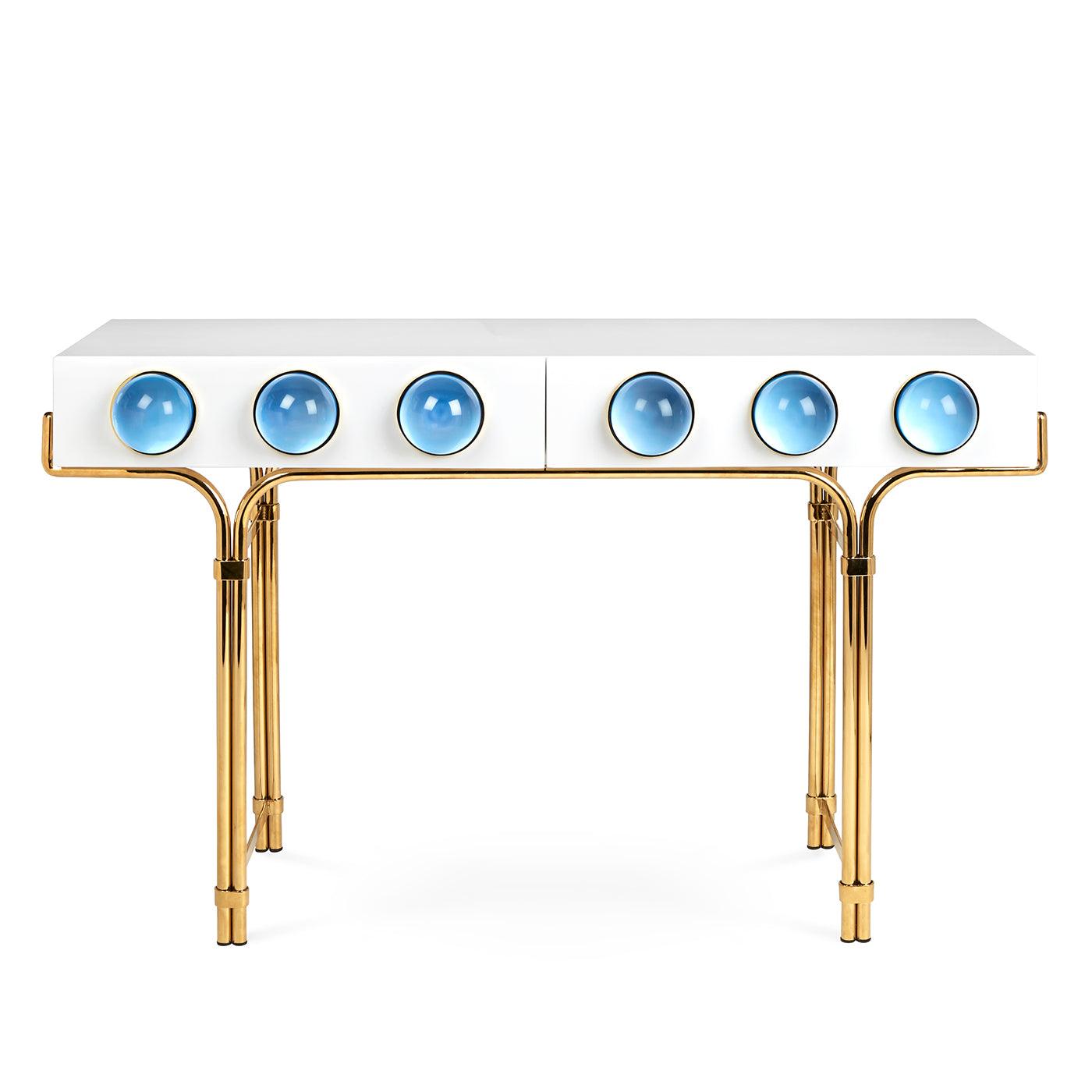 Globo Console featuring glossy white lacquer, brass framework, and blue acrylic cabochons.