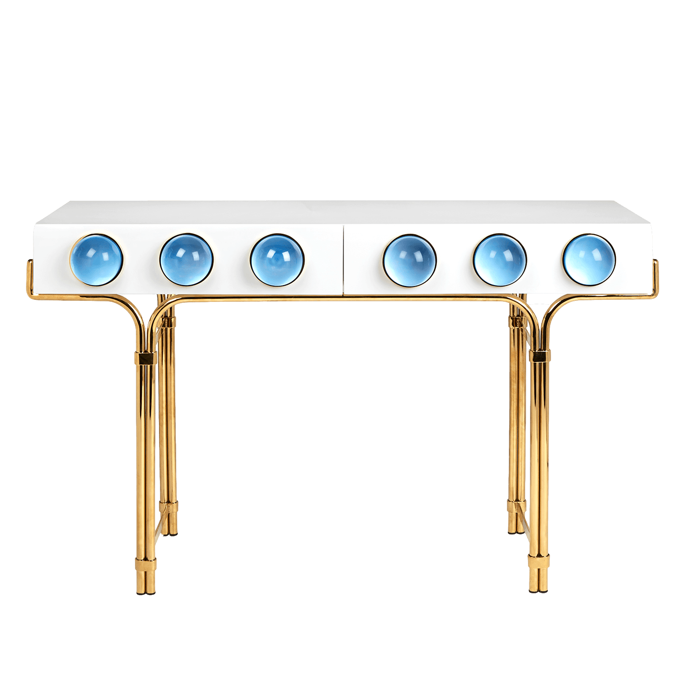 Globo Console featuring glossy white lacquer, brass framework, and blue acrylic cabochons.