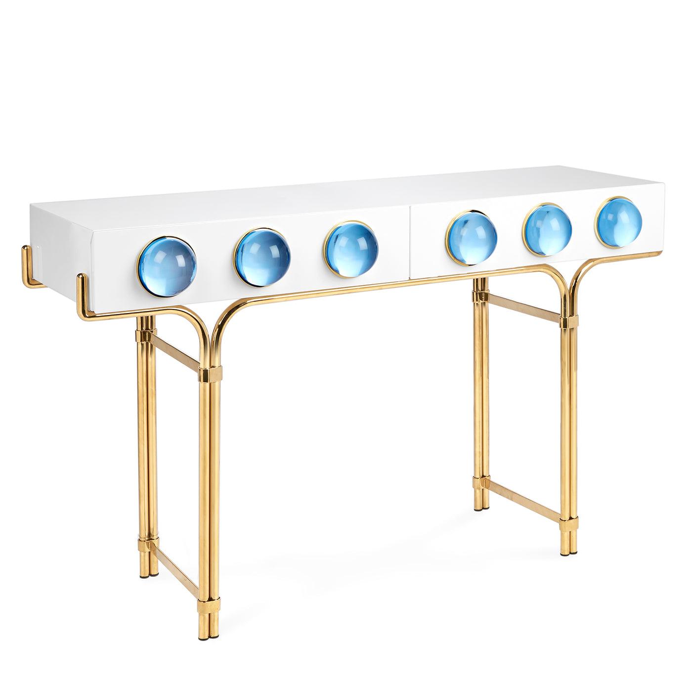 Globo Console featuring glossy white lacquer, brass framework, and blue acrylic cabochons.