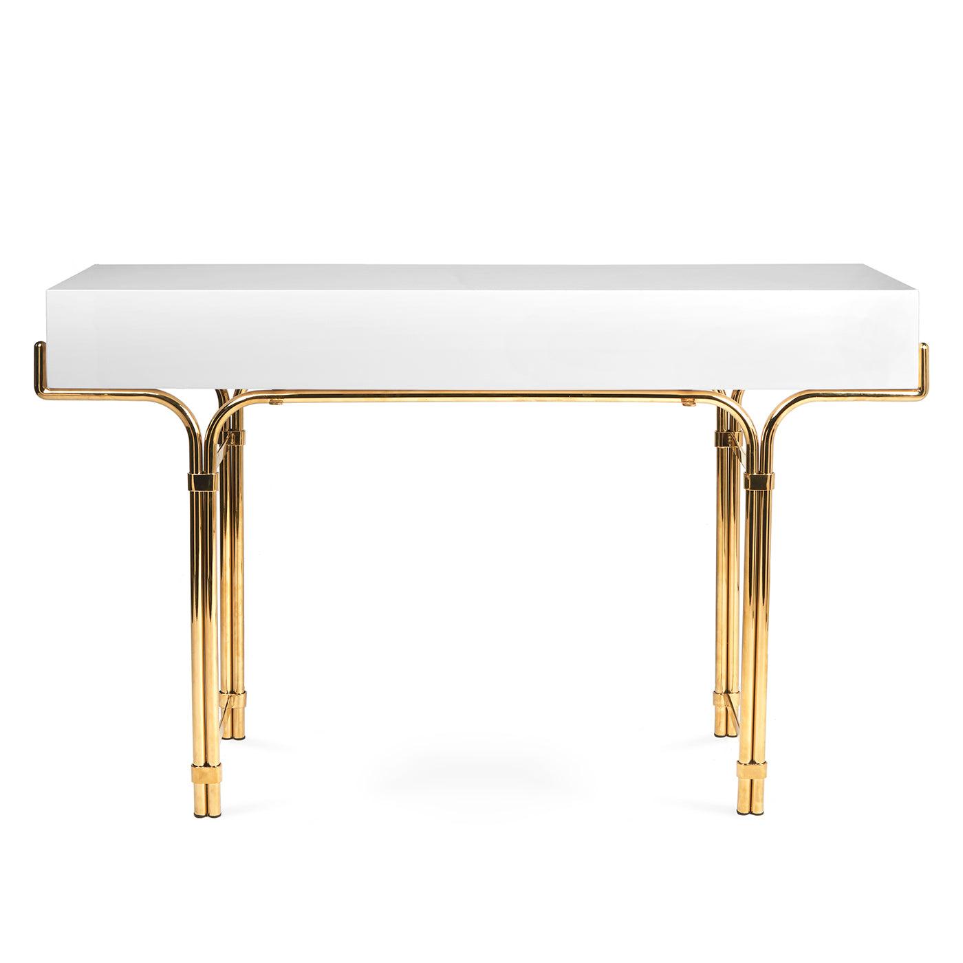 Globo Console featuring glossy white lacquer, brass framework, and blue acrylic cabochons.