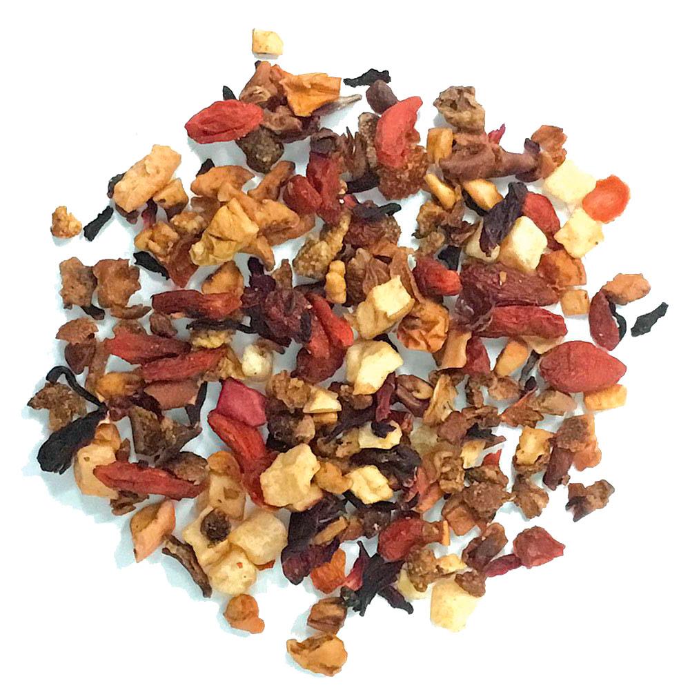 A vibrant package of Goji Herbal Tisane Tea featuring goji berries, hibiscus, and other fruits, showcasing its antioxidant-rich ingredients.