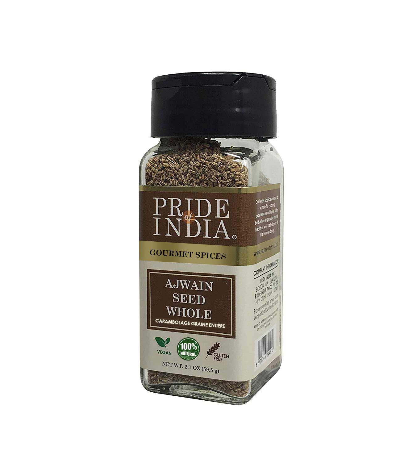 A jar of Gourmet Ajwain Seed Whole by Pride of India, showcasing brown carom seeds with a dual sifter cap for easy dispensing.