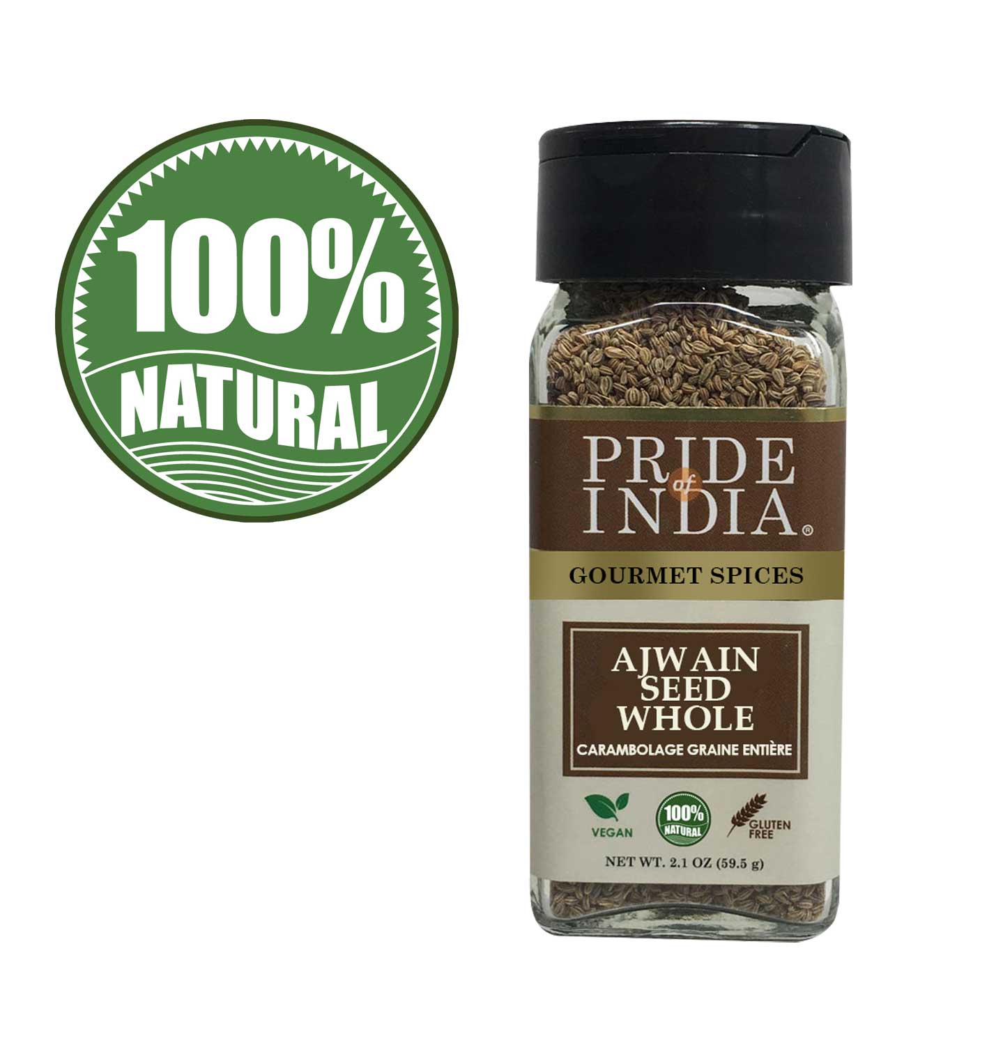 A jar of Gourmet Ajwain Seed Whole by Pride of India, showcasing brown carom seeds with a dual sifter cap for easy dispensing.