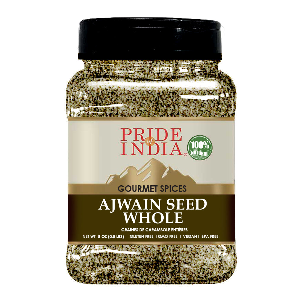 A jar of Gourmet Ajwain Seed Whole by Pride of India, showcasing brown carom seeds with a dual sifter cap for easy dispensing.