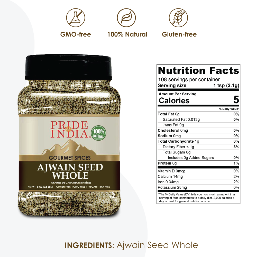 A jar of Gourmet Ajwain Seed Whole by Pride of India, showcasing brown carom seeds with a dual sifter cap for easy dispensing.