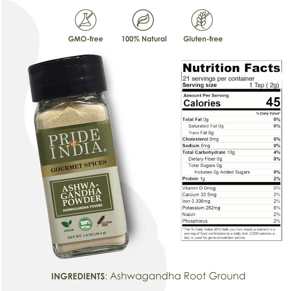 A jar of Gourmet Ashwagandha Root Ground Powder with a dual sifter cap, showcasing its fine texture and earthy color.