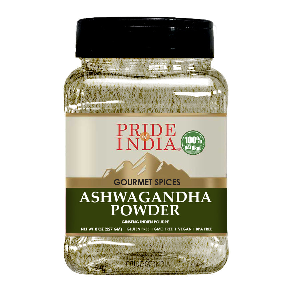 A jar of Gourmet Ashwagandha Root Ground Powder with a dual sifter cap, showcasing its fine texture and earthy color.