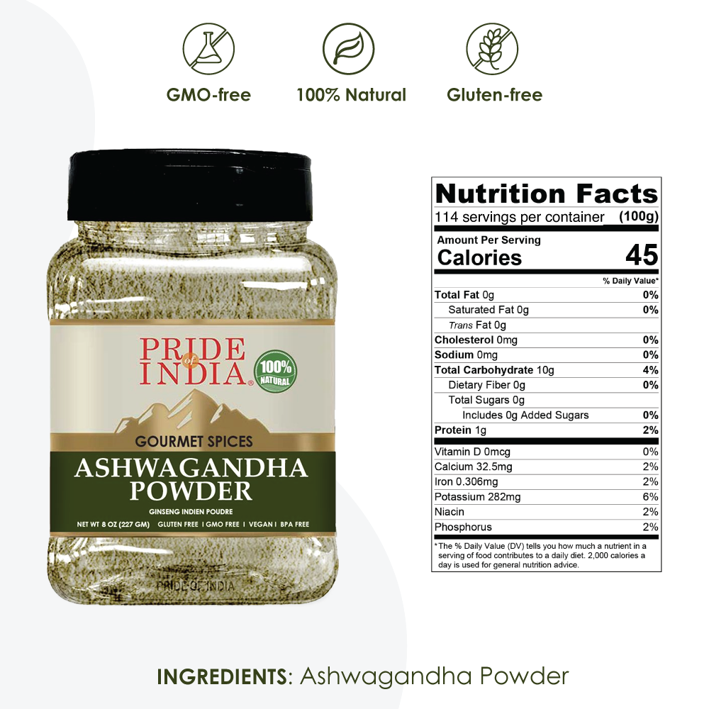 A jar of Gourmet Ashwagandha Root Ground Powder with a dual sifter cap, showcasing its fine texture and earthy color.