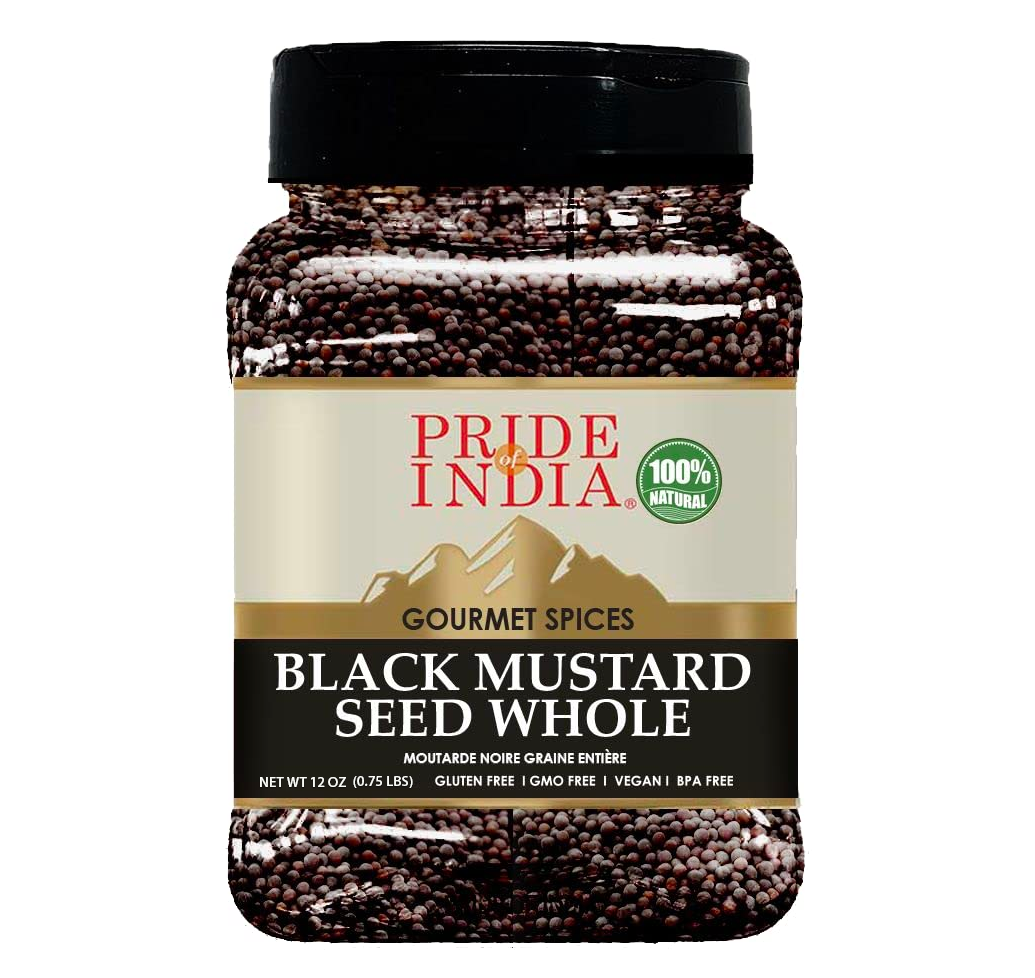 A close-up of Gourmet Black Mustard Seed Whole, showcasing round black-brown seeds in a rustic wooden bowl, emphasizing their rich texture and quality.