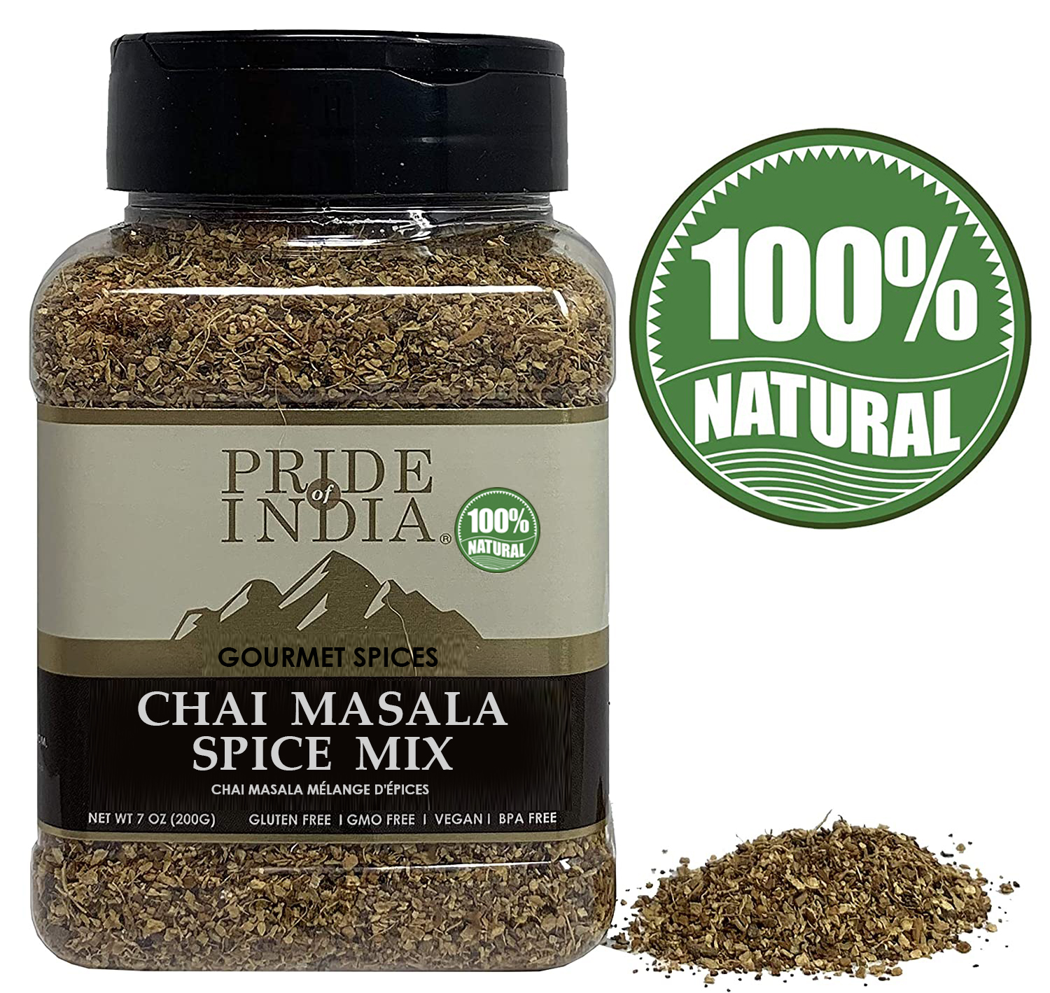 A jar of Gourmet Chai Masala Mulling Tea Spice Mix showcasing its rich blend of spices, perfect for enhancing beverages.