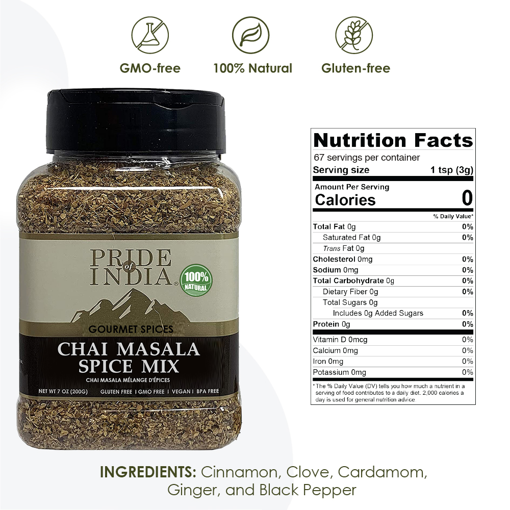 A jar of Gourmet Chai Masala Mulling Tea Spice Mix showcasing its rich blend of spices, perfect for enhancing beverages.