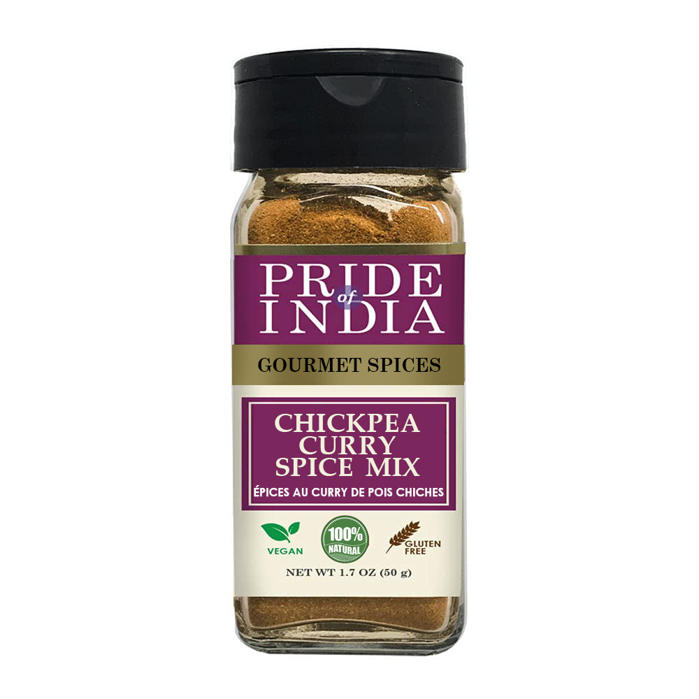 A bottle of Gourmet Chickpea Curry Masala showcasing its vibrant spices and dual sifter mechanism for easy use.