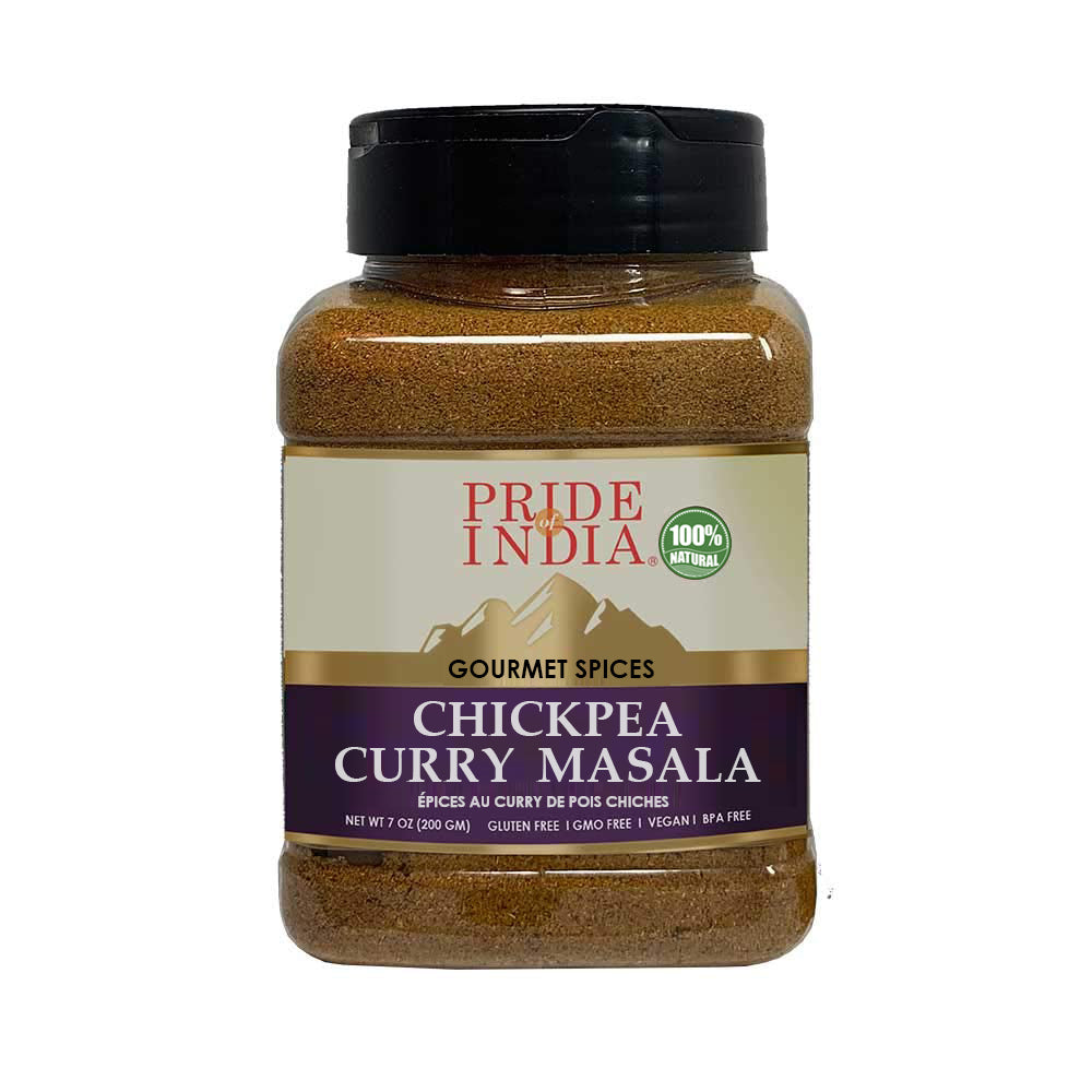 A bottle of Gourmet Chickpea Curry Masala showcasing its vibrant spices and dual sifter mechanism for easy use.