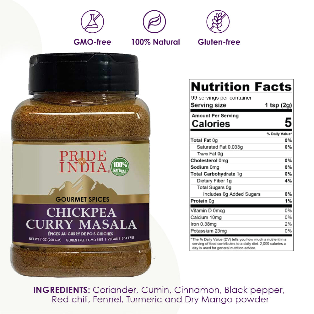 A bottle of Gourmet Chickpea Curry Masala showcasing its vibrant spices and dual sifter mechanism for easy use.