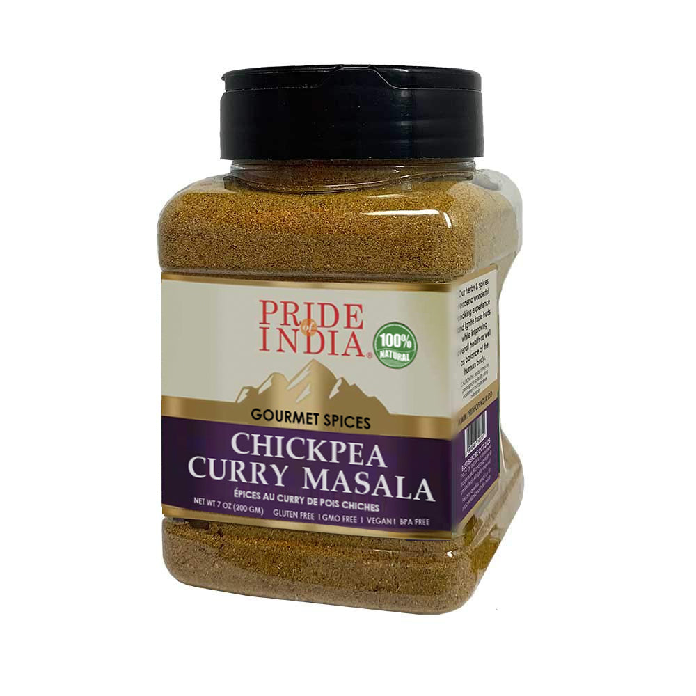 A bottle of Gourmet Chickpea Curry Masala showcasing its vibrant spices and dual sifter mechanism for easy use.