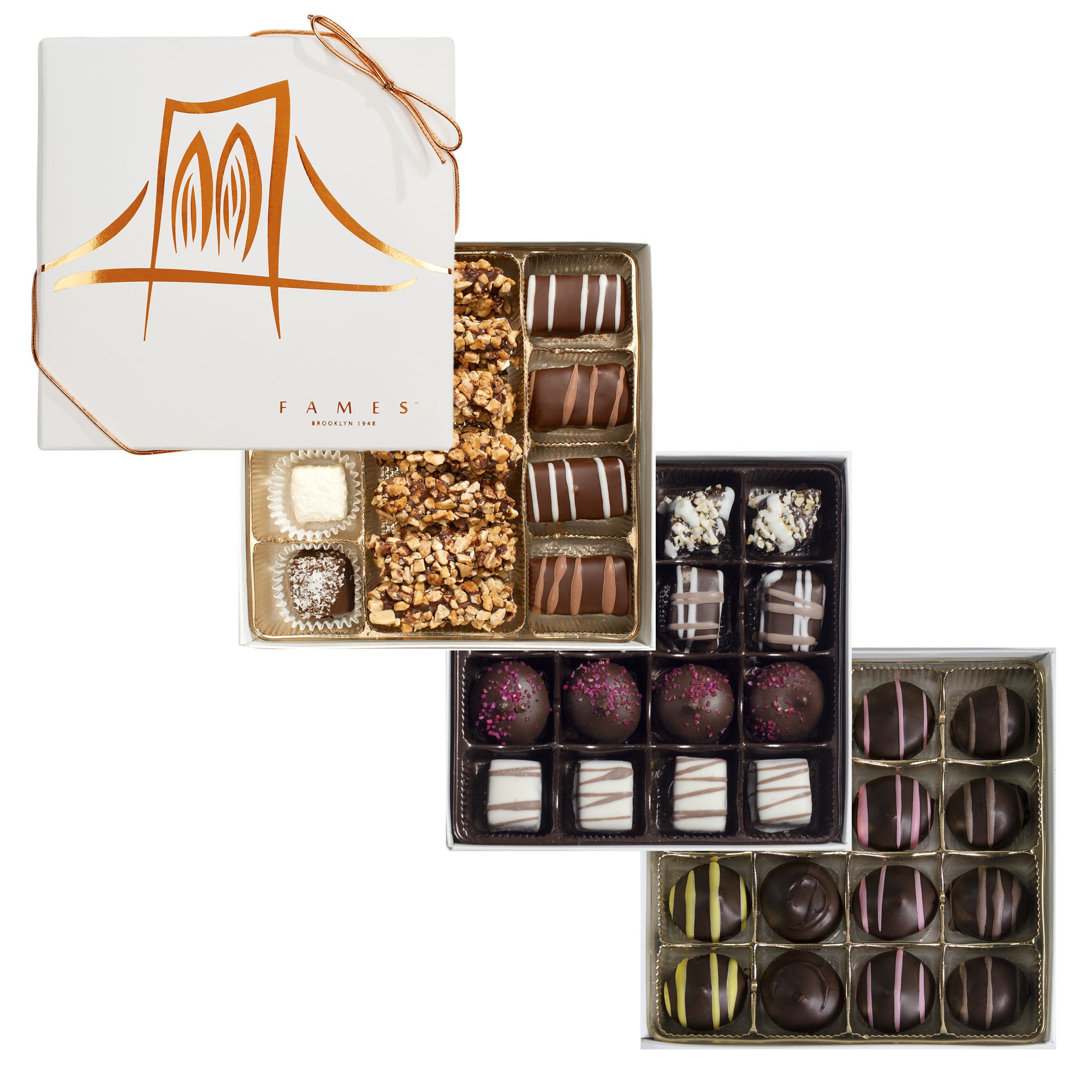 Gourmet Chocolate Gift Box containing 47 dairy-free chocolates, beautifully arranged and presented for gifting.