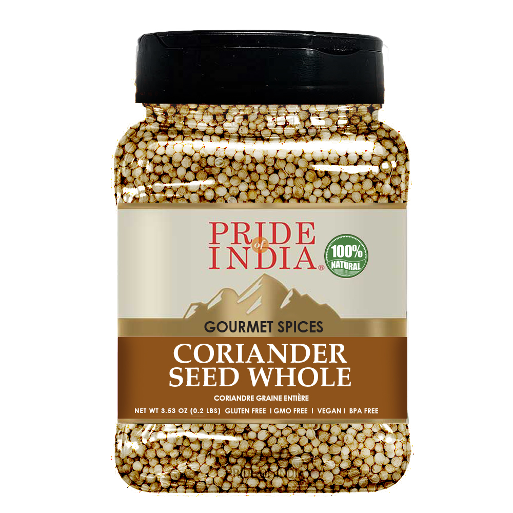 A jar of Gourmet Coriander Seed Whole showcasing the natural, whole seeds with a rustic background.