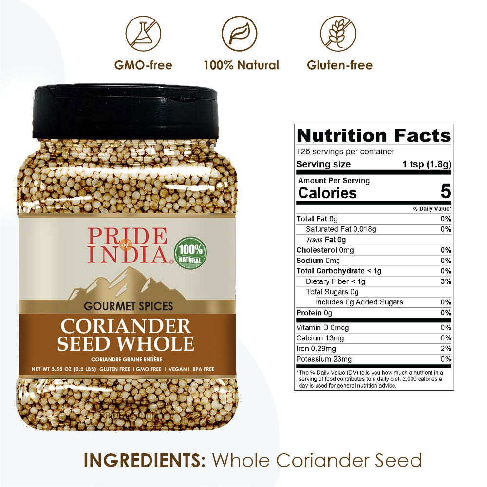 A jar of Gourmet Coriander Seed Whole showcasing the natural, whole seeds with a rustic background.