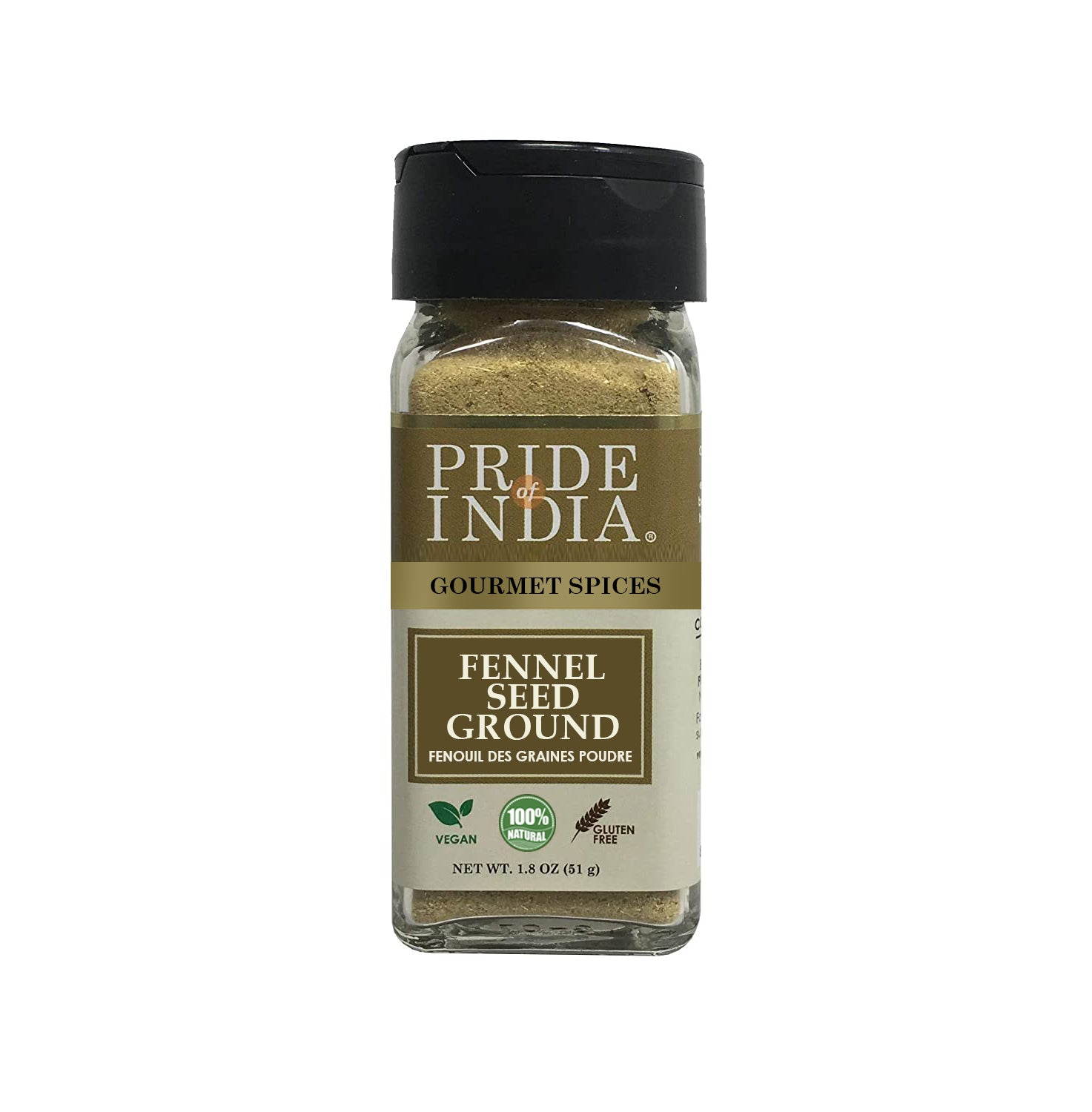 A jar of Gourmet Fennel Seed Ground showcasing its fine texture and rich color, perfect for enhancing culinary dishes.