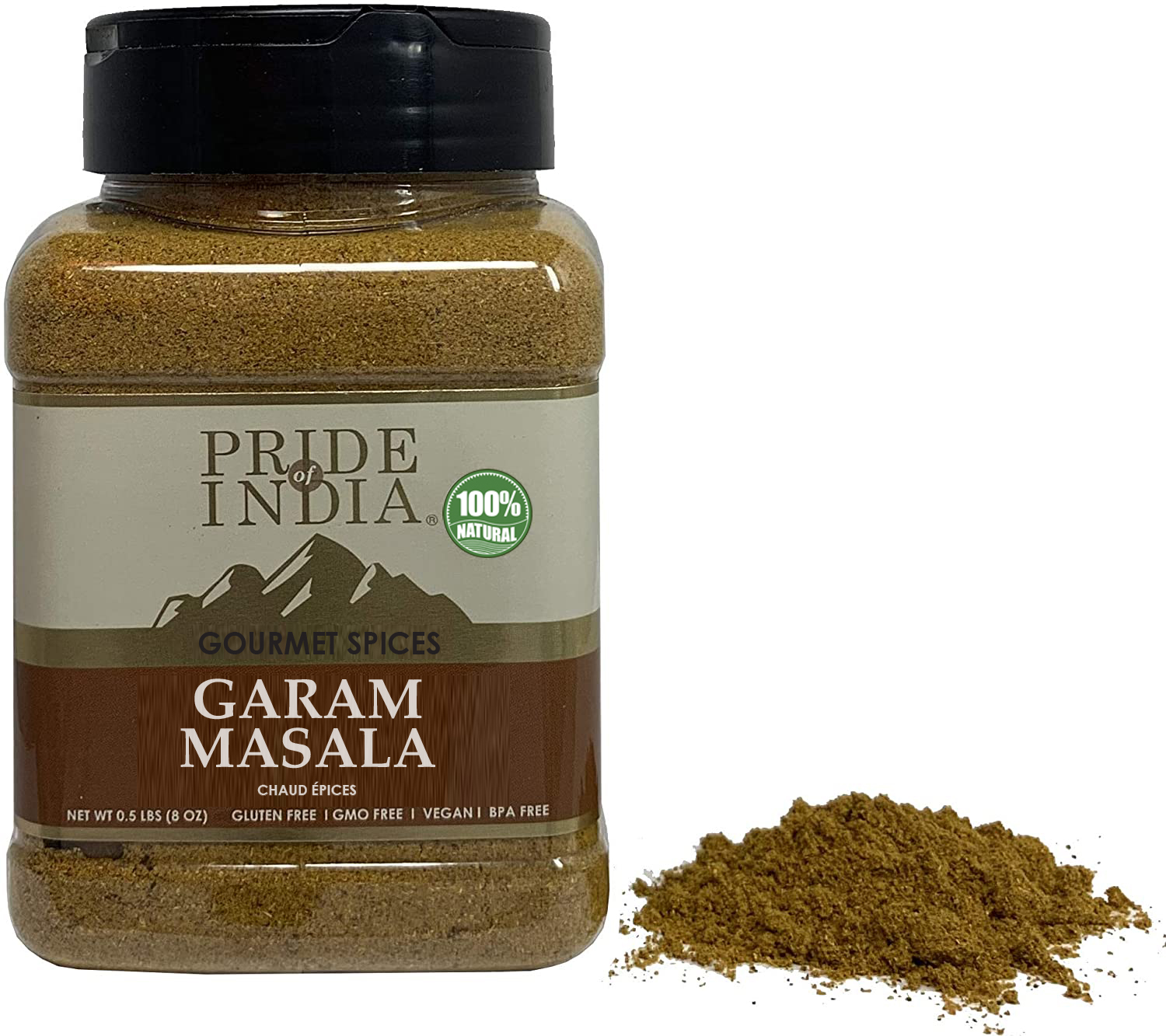 A jar of Pride of India Gourmet Garam Masala Ground, showcasing its rich brown color and spice blend.