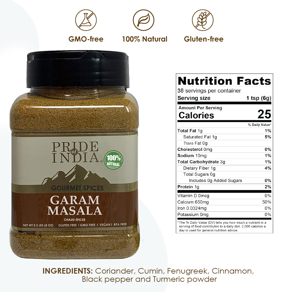 A jar of Pride of India Gourmet Garam Masala Ground, showcasing its rich brown color and spice blend.