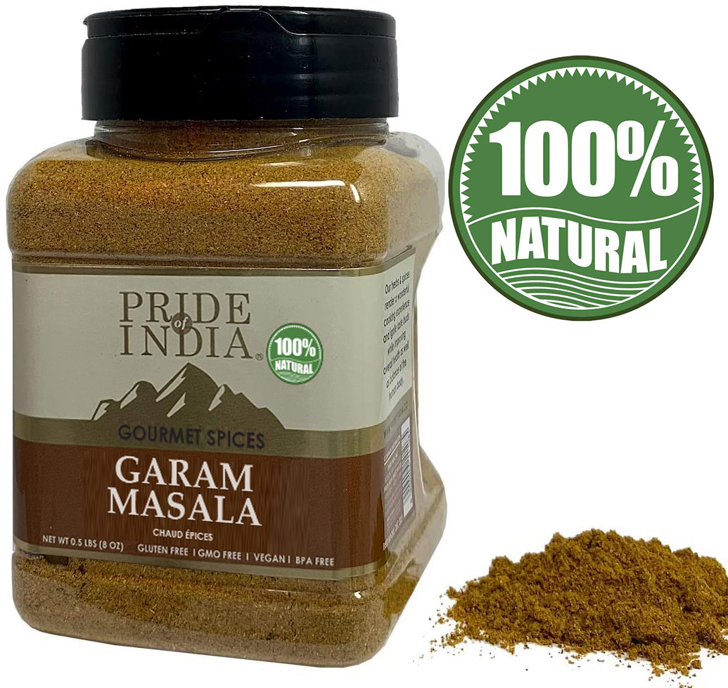 A jar of Pride of India Gourmet Garam Masala Ground, showcasing its rich brown color and spice blend.