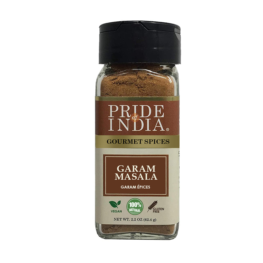 A jar of Gourmet Garam Masala Ground featuring a blend of spices including cardamom, cumin, and coriander, ideal for enhancing Indian dishes.