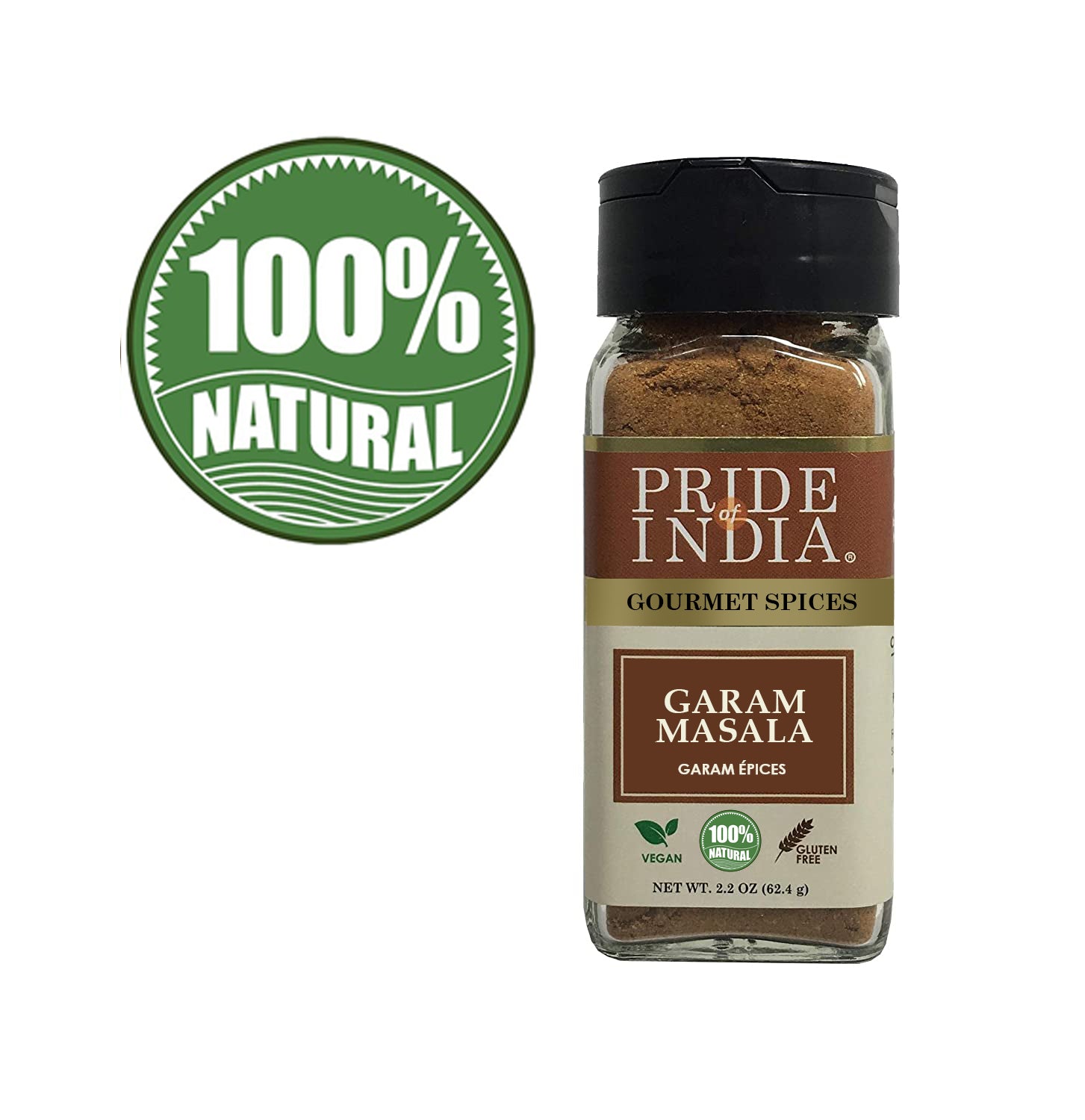 A jar of Gourmet Garam Masala Ground featuring a blend of spices including cardamom, cumin, and coriander, ideal for enhancing Indian dishes.