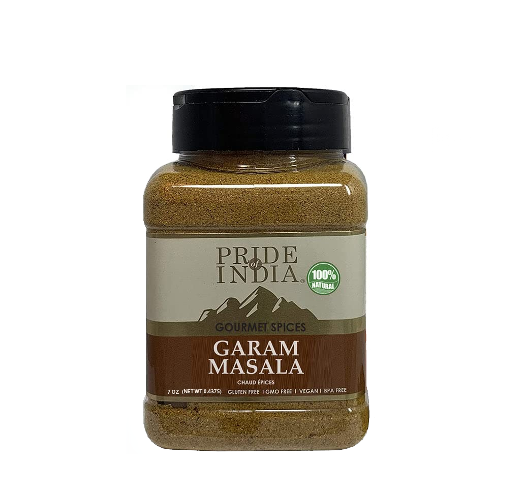 A jar of Gourmet Garam Masala Ground featuring a blend of spices including cardamom, cumin, and coriander, ideal for enhancing Indian dishes.