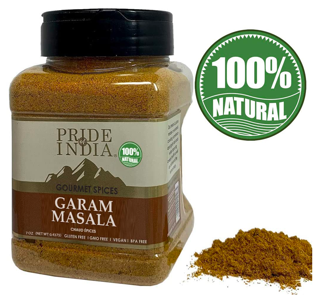 A jar of Gourmet Garam Masala Ground featuring a blend of spices including cardamom, cumin, and coriander, ideal for enhancing Indian dishes.