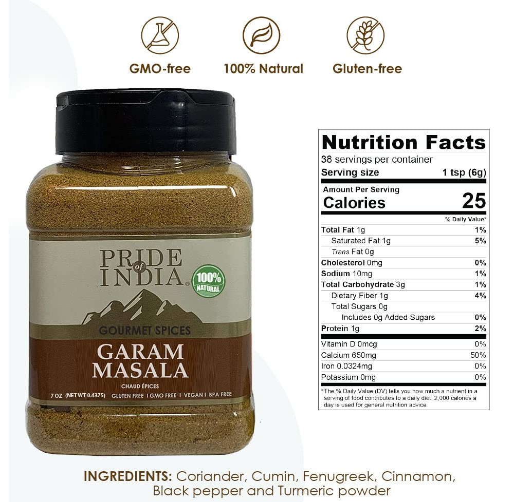 A jar of Gourmet Garam Masala Ground featuring a blend of spices including cardamom, cumin, and coriander, ideal for enhancing Indian dishes.