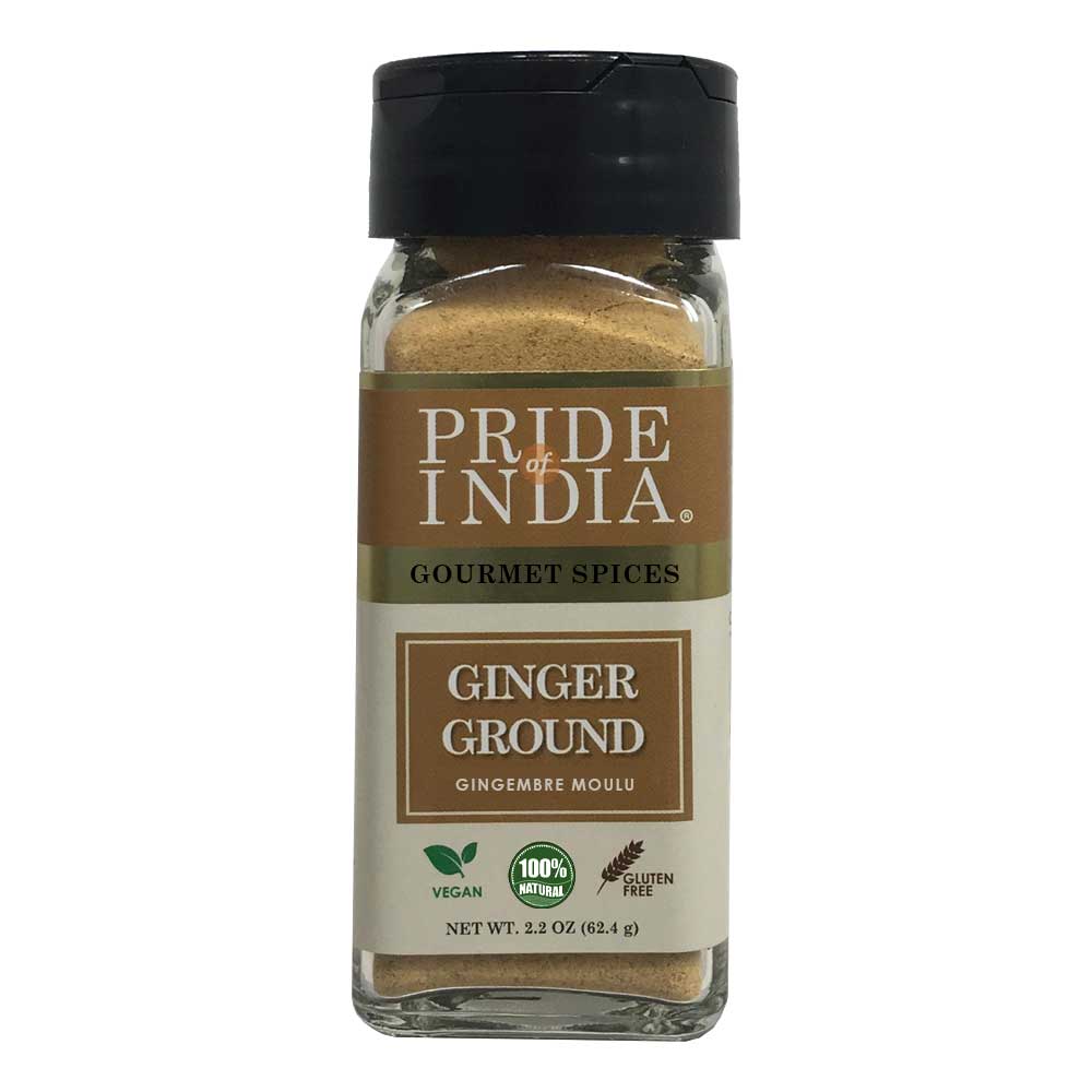 A jar of Pride of India Gourmet Ginger Fine Ground showcasing its fine texture and rich yellow color, perfect for enhancing dishes.