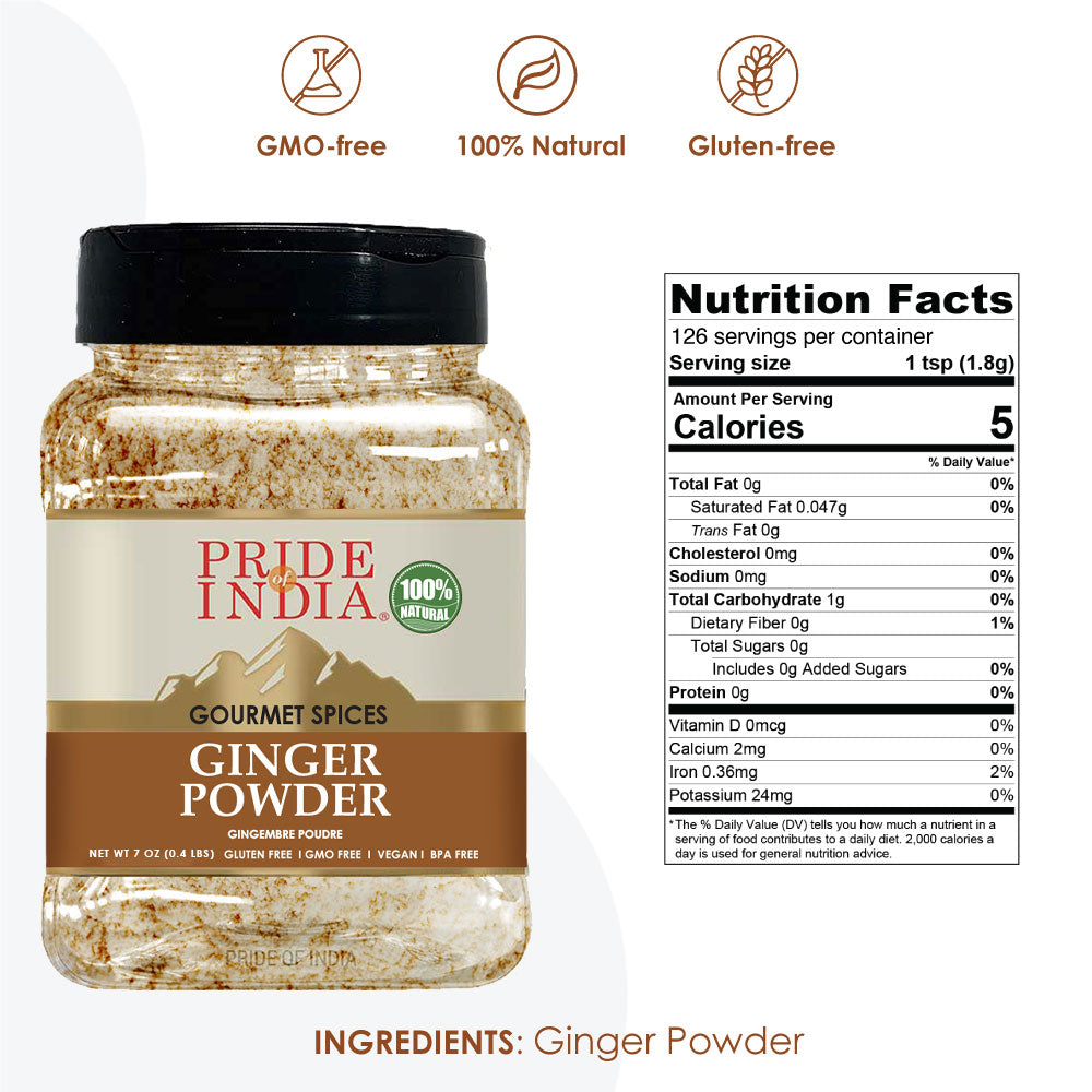 A jar of Pride of India Gourmet Ginger Fine Ground showcasing its fine texture and rich yellow color, perfect for enhancing dishes.