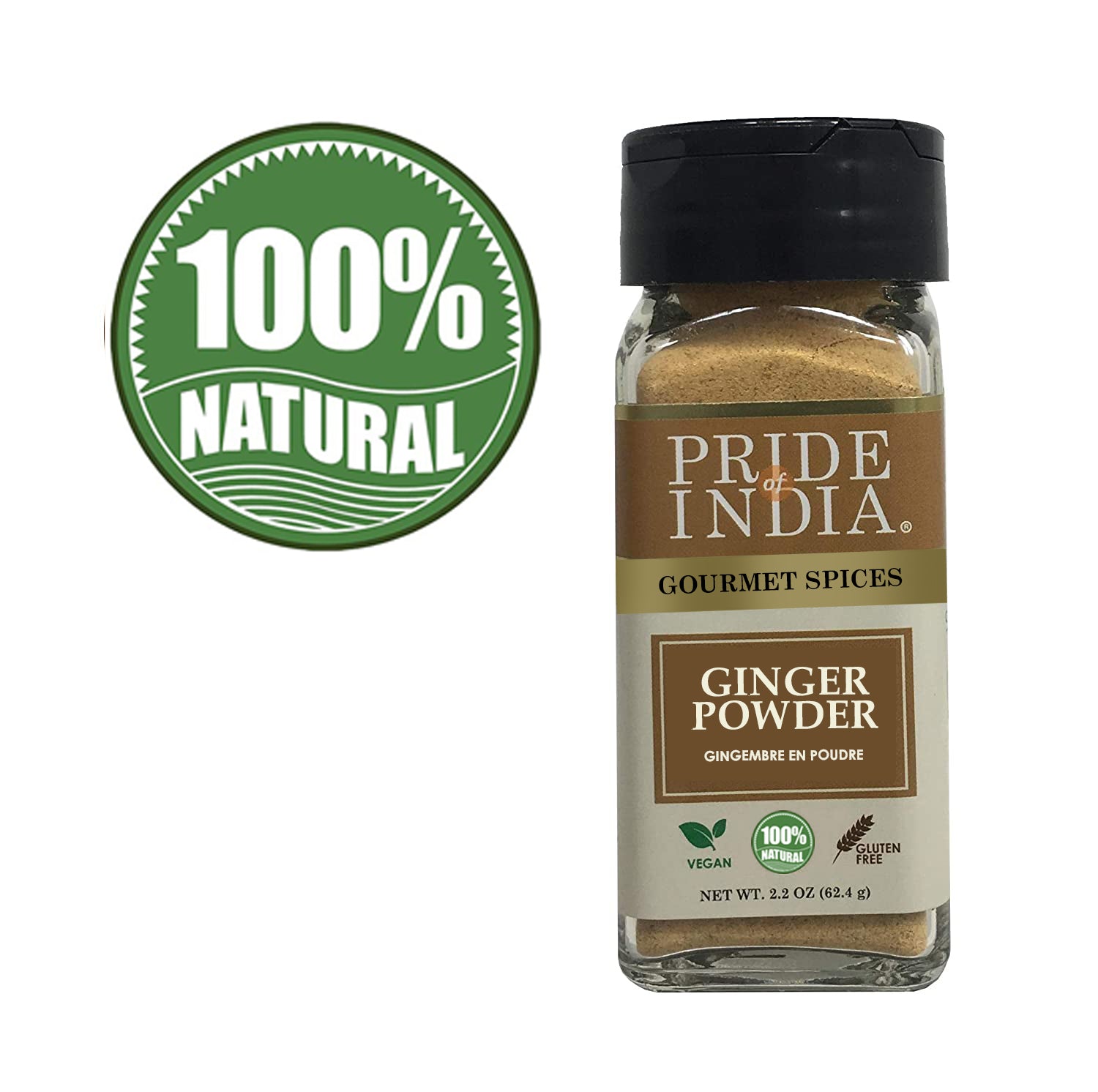 A jar of Pride of India Gourmet Ginger Fine Ground showcasing its fine texture and rich yellow color, perfect for enhancing dishes.