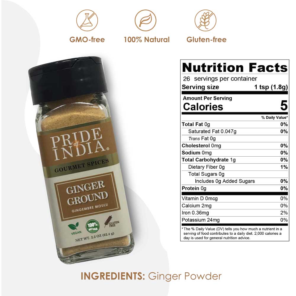 A jar of Pride of India Gourmet Ginger Fine Ground showcasing its fine texture and rich yellow color, perfect for enhancing dishes.