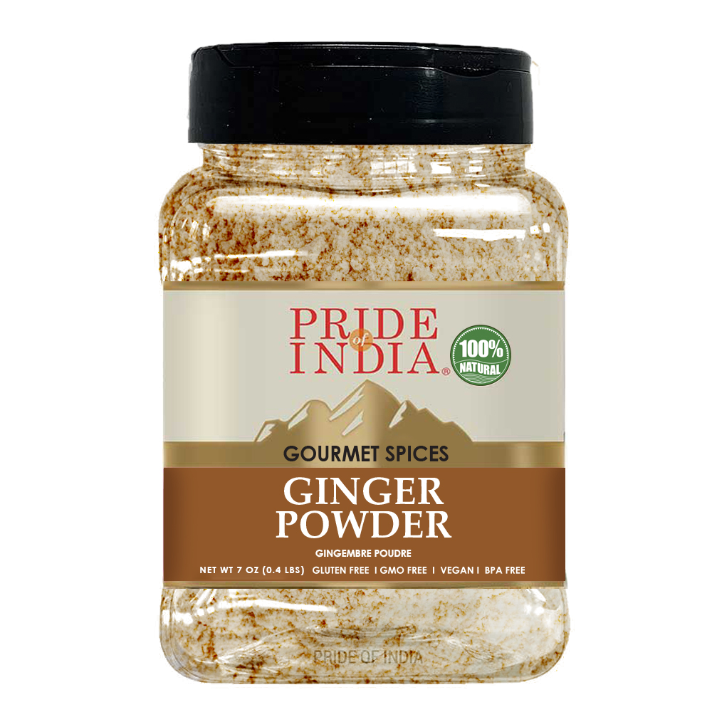 A jar of Pride of India Gourmet Ginger Fine Ground showcasing its fine texture and rich yellow color, perfect for enhancing dishes.