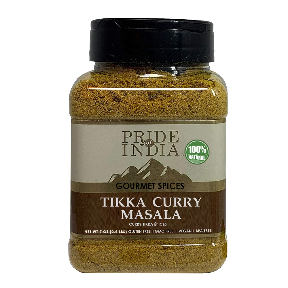 A jar of Gourmet Indian Tikka Curry Masala Seasoning Spice showcasing a blend of 16 spices, perfect for authentic Indian cooking.