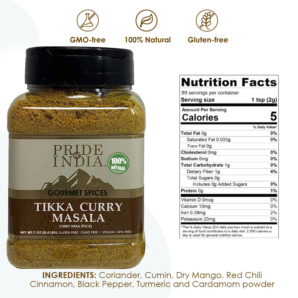 A jar of Gourmet Indian Tikka Curry Masala Seasoning Spice showcasing a blend of 16 spices, perfect for authentic Indian cooking.