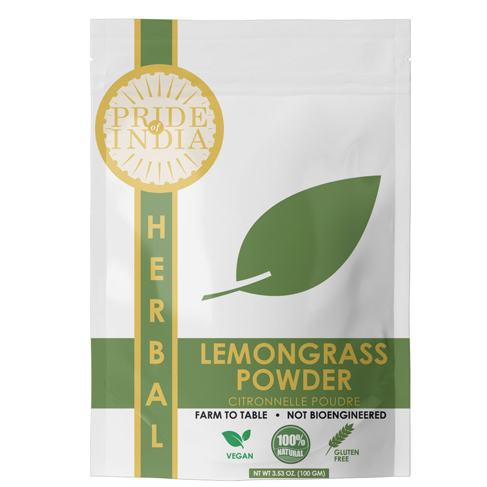 A vibrant package of Gourmet Lemongrass Powder showcasing its fine cut and sifted texture, ideal for culinary and herbal tea applications.