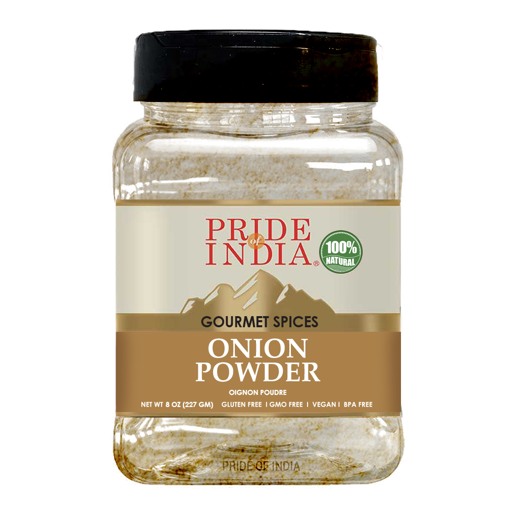 A jar of Gourmet Onion Fine Ground spice, showcasing its fine texture and rich color, perfect for enhancing various dishes.