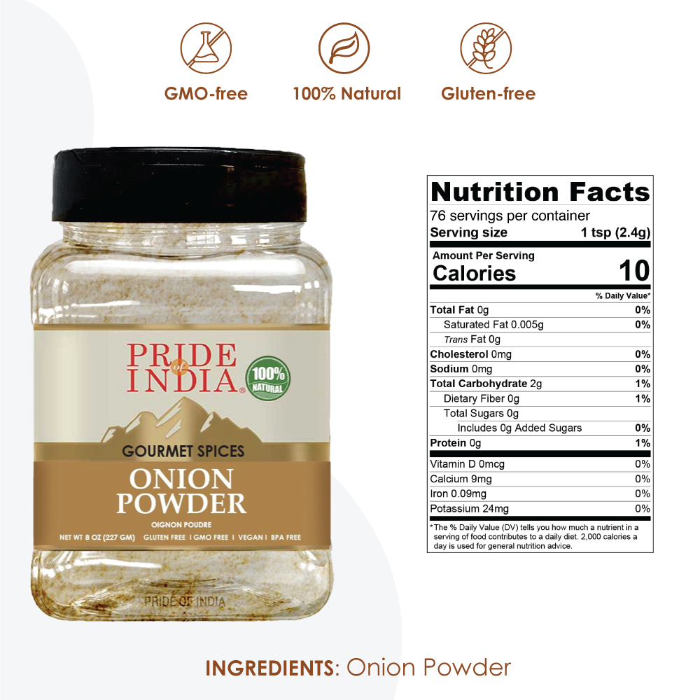 A jar of Gourmet Onion Fine Ground spice, showcasing its fine texture and rich color, perfect for enhancing various dishes.