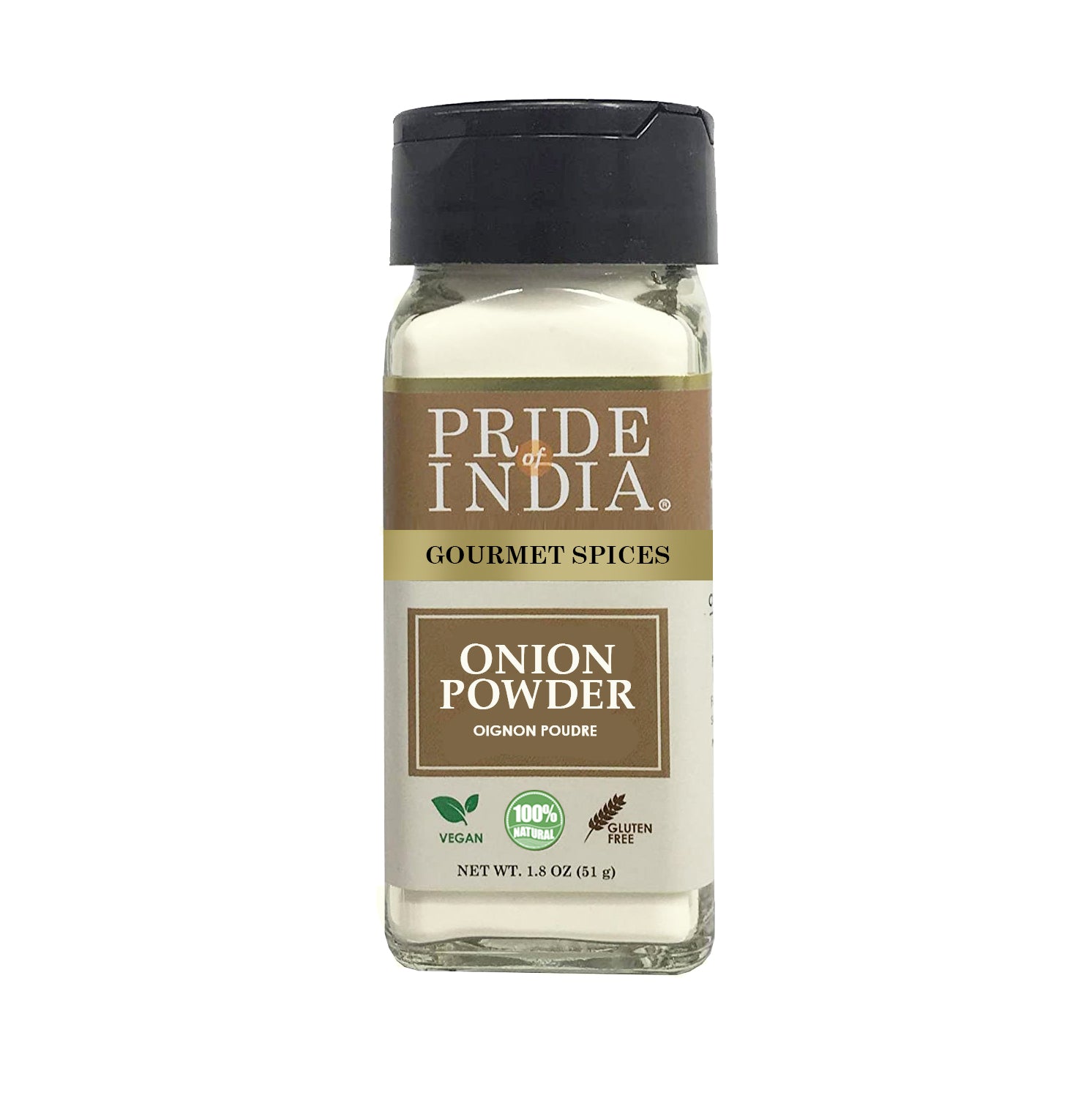 A jar of Pride of India Gourmet Onion Fine Ground with a dual sifter cap, showcasing its fine texture and rich aroma.