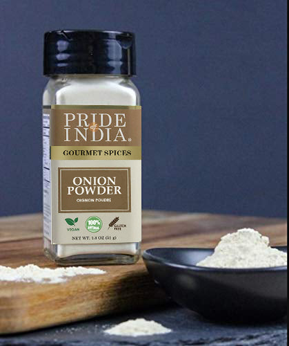 A jar of Pride of India Gourmet Onion Fine Ground with a dual sifter cap, showcasing its fine texture and rich aroma.